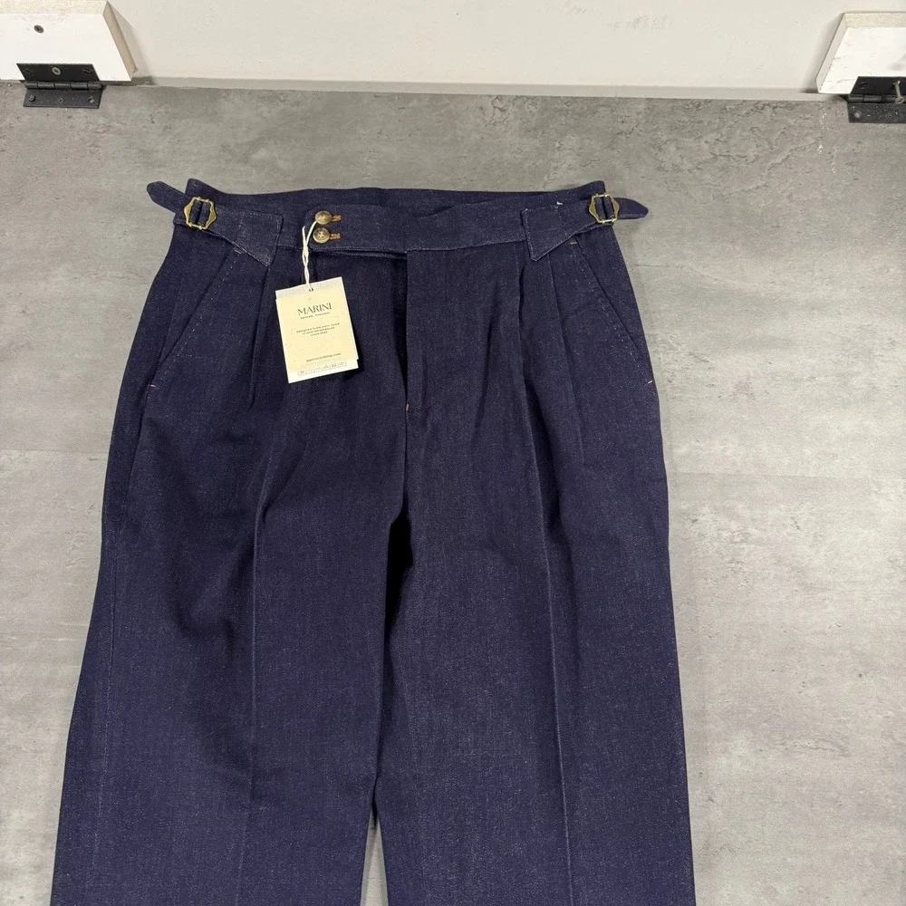 Marini Gurkha Pant Trousers Mens 31 Pleated Side Tab Indigo Denim Cuffed NEW